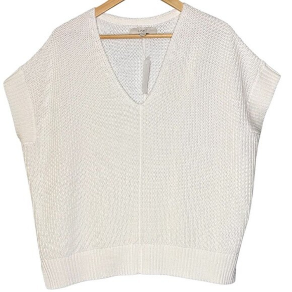 LOFT‎ Womens Ribbed Knit V Neck Pullover Sweater Size XS Ivory Preppy Minimalist
